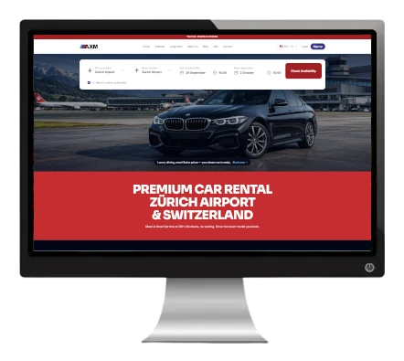 Pagina principală axmrent.ch, platformă de închirieri auto premium din Aeroportul Zürich